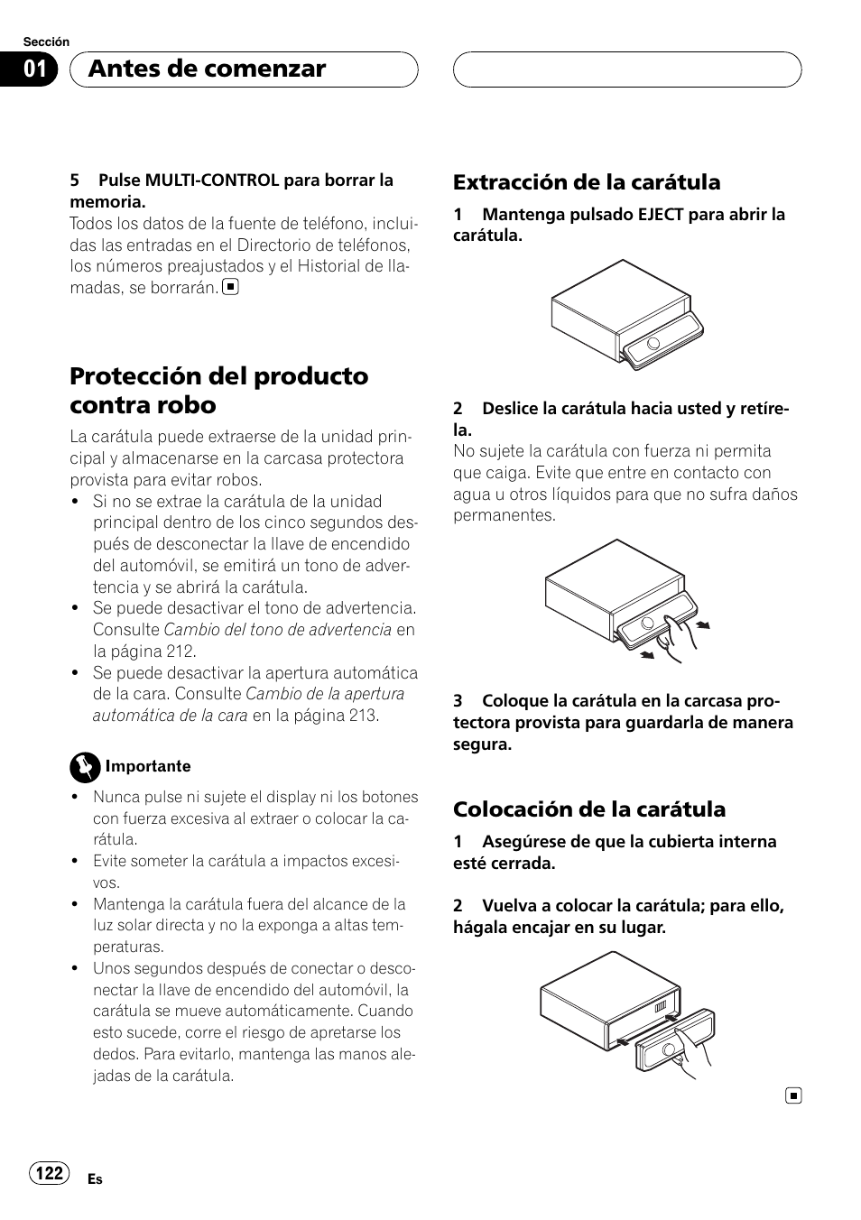 Protección del producto contra robo, Extracción de la carátula 122, Colocación de la carátula 122 | Antes de comenzar, Extracción de la carátula, Colocación de la carátula | Pioneer DEH-P9800BT User Manual | Page 122 / 233