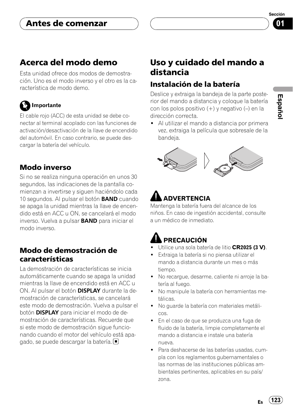 Acerca del modo demo, Modo inverso 123, Modo de demostración de | Características, Uso y cuidado del mando a distancia, Instalación de la batería 123, Antes de comenzar | Pioneer DEH-P9800BT User Manual | Page 123 / 233