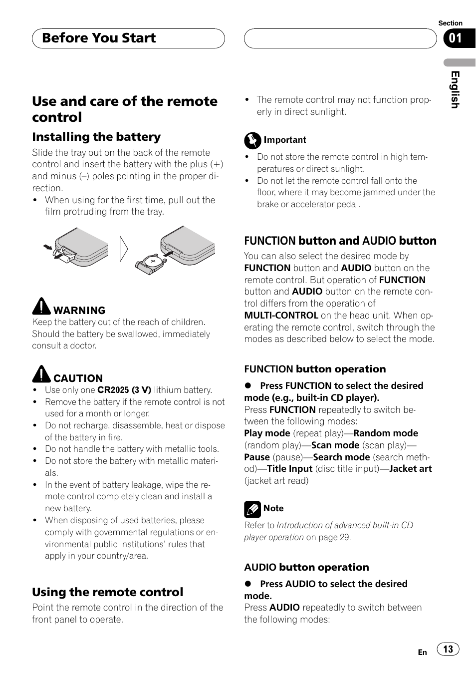 Use and care of the remote control, Installing the battery 13, Using the remote control 13 | Function button and audio, Button, Before you start, Installing the battery, Using the remote control, Function button and audio button | Pioneer DEH-P9800BT User Manual | Page 13 / 233