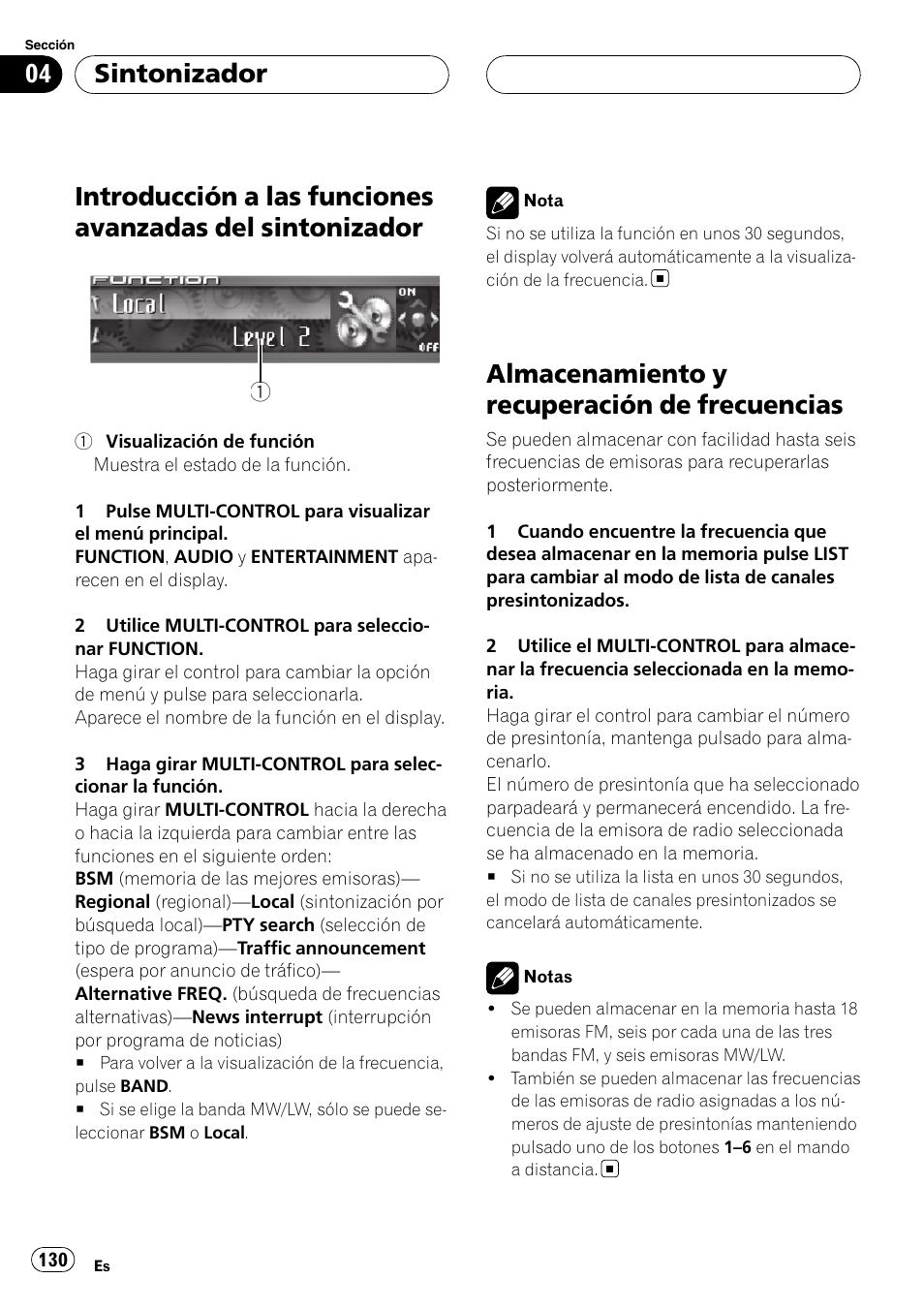 Introducción a las funciones avanzadas del, Sintonizador, Almacenamiento y recuperación de | Frecuencias, Almacenamiento y recuperación de frecuencias | Pioneer DEH-P9800BT User Manual | Page 130 / 233