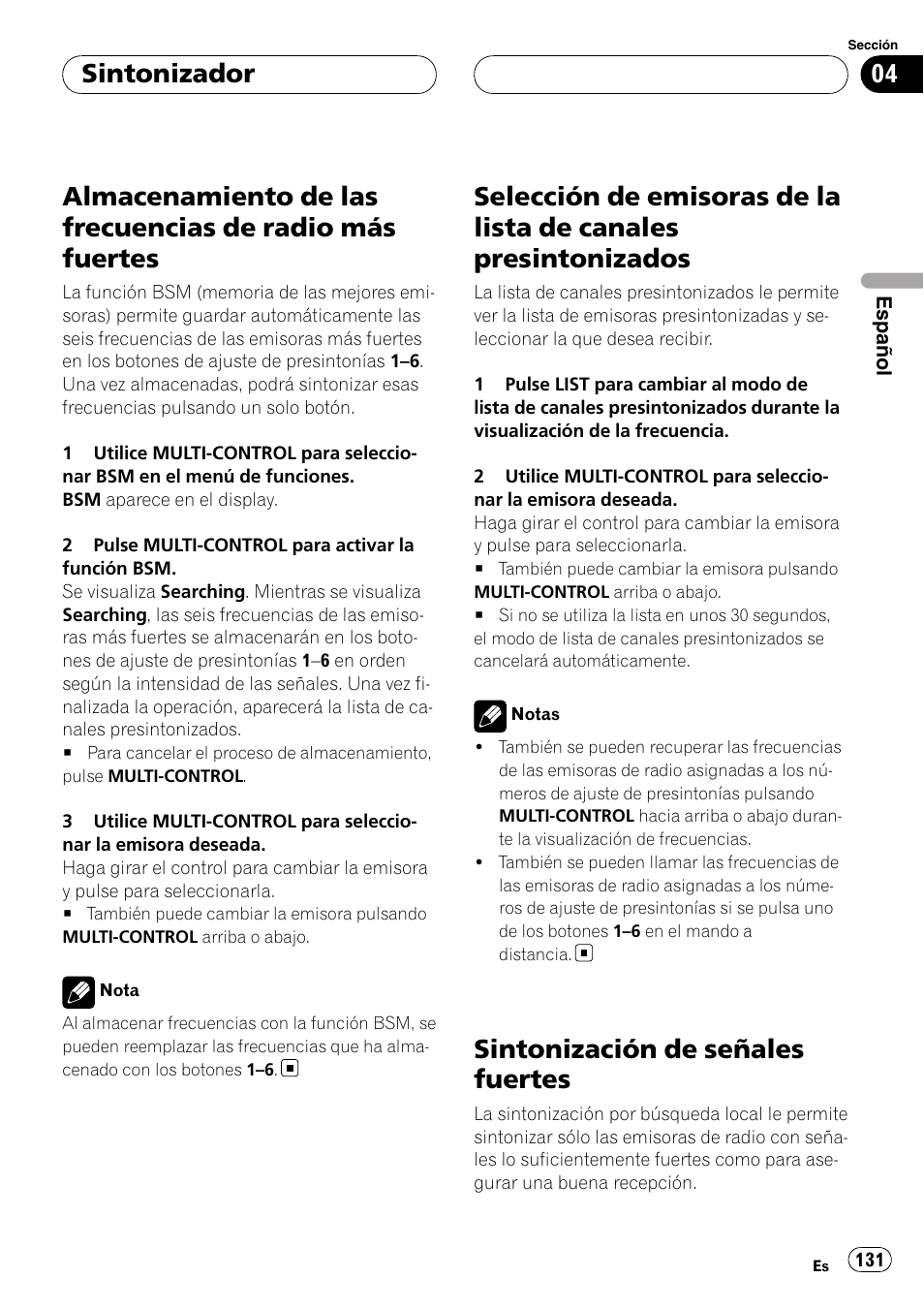 Almacenamiento de las frecuencias de radio, Más fuertes, Selección de emisoras de la lista de canales | Presintonizados, Sintonización de señales fuertes, Sintonizador | Pioneer DEH-P9800BT User Manual | Page 131 / 233