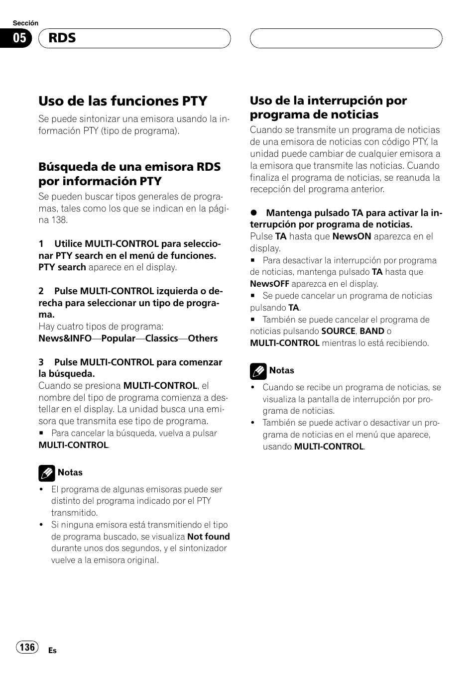 Uso de las funciones pty, Búsqueda de una emisora rds por, Información pty | Uso de la interrupción por programa de, Noticias, Búsqueda de una emisora rds por información pty, Uso de la interrupción por programa de noticias | Pioneer DEH-P9800BT User Manual | Page 136 / 233