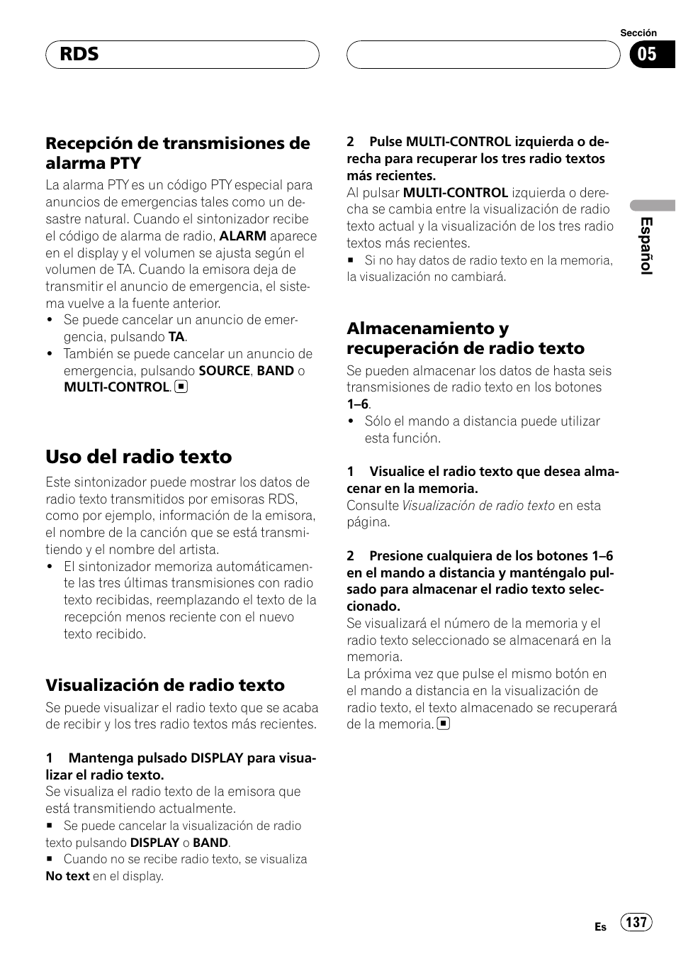 Recepción de transmisiones de alarma, Uso del radio texto, Visualización de radio texto 137 | Almacenamiento y recuperación de, Radio texto | Pioneer DEH-P9800BT User Manual | Page 137 / 233