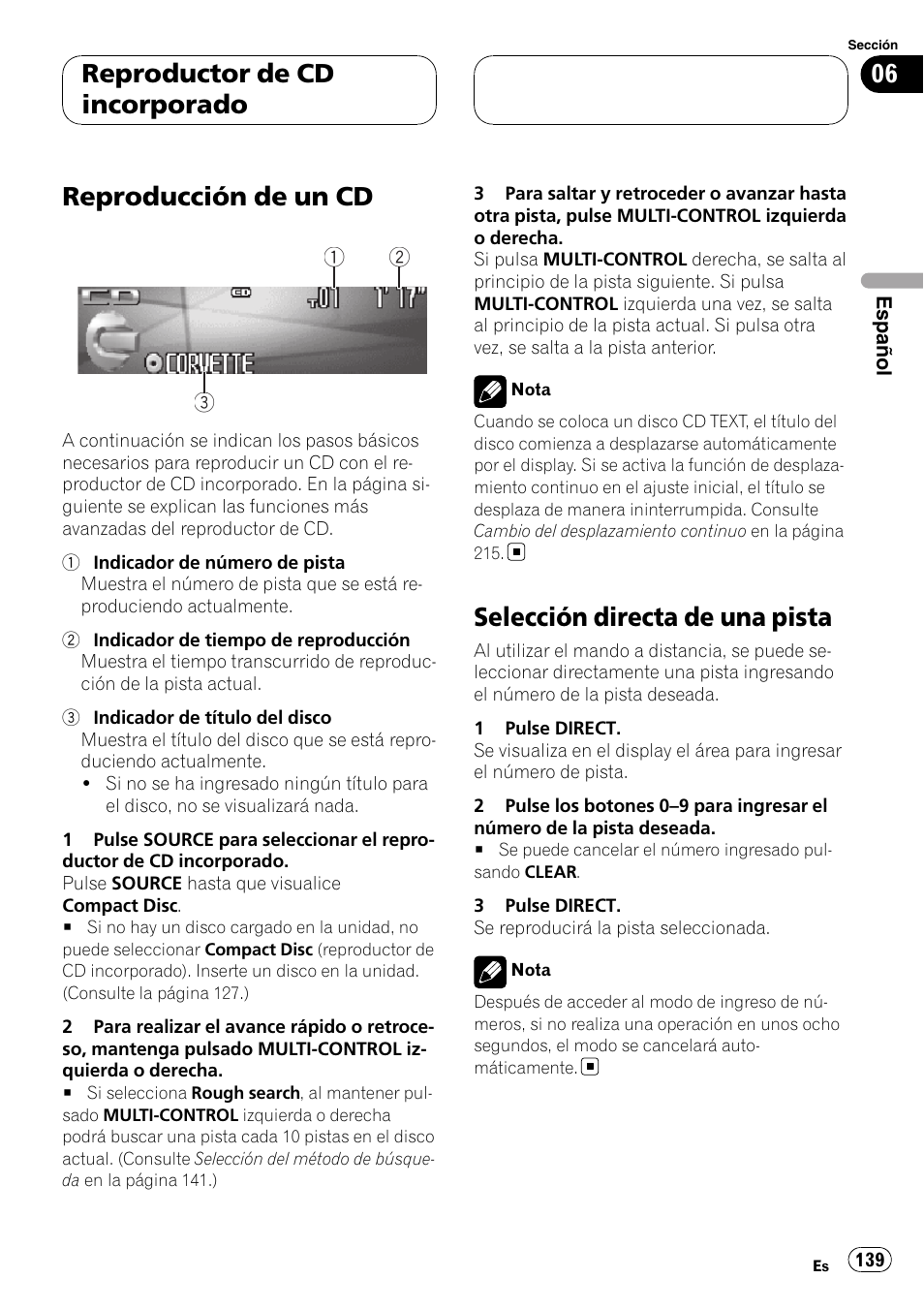 Selección directa de una pista, Reproducción de un cd, Reproductor de cd incorporado | Pioneer DEH-P9800BT User Manual | Page 139 / 233