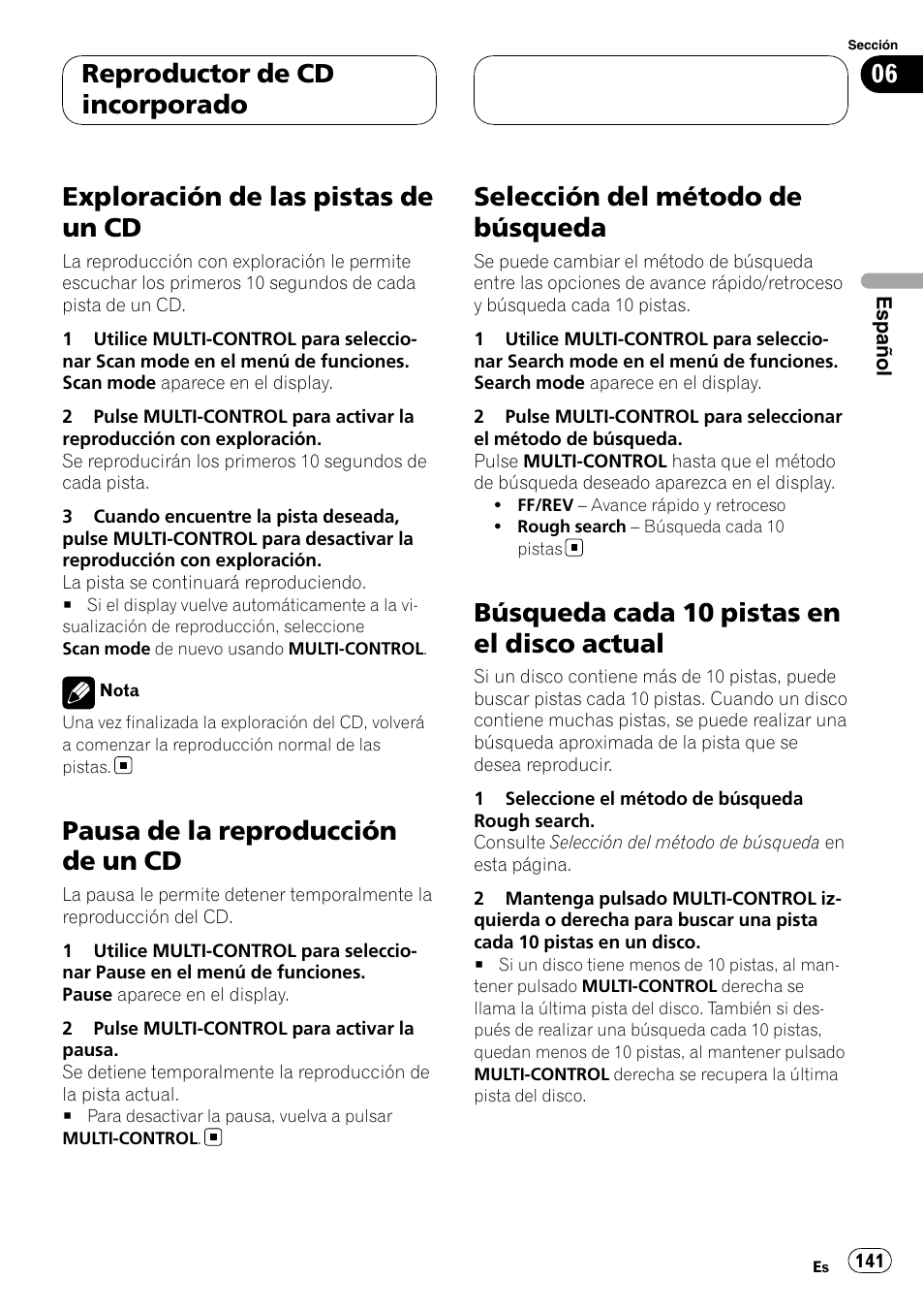 Exploración de las pistas de un cd, Pausa de la reproducción de un cd, Selección del método de búsqueda | Búsqueda cada 10 pistas en el disco, Actual, Búsqueda cada 10 pistas en el disco actual, Reproductor de cd incorporado | Pioneer DEH-P9800BT User Manual | Page 141 / 233