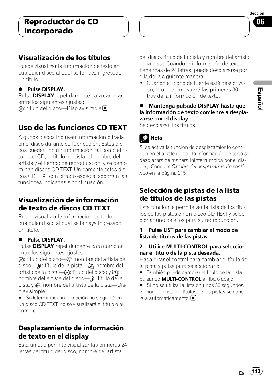 Visualización de los títulos 143, Uso de las funciones cd text, Visualización de información de texto | De discos cd text, Desplazamiento de información de, Texto en el display, Selección de pistas de la lista de títulos, De las pistas, Reproductor de cd incorporado, Visualización de los títulos | Pioneer DEH-P9800BT User Manual | Page 143 / 233