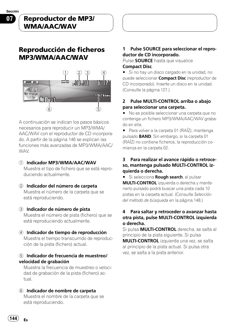 Reproducción de ficheros mp3/wma/aac/wav, Reproductor de mp3/ wma/aac/wav | Pioneer DEH-P9800BT User Manual | Page 144 / 233