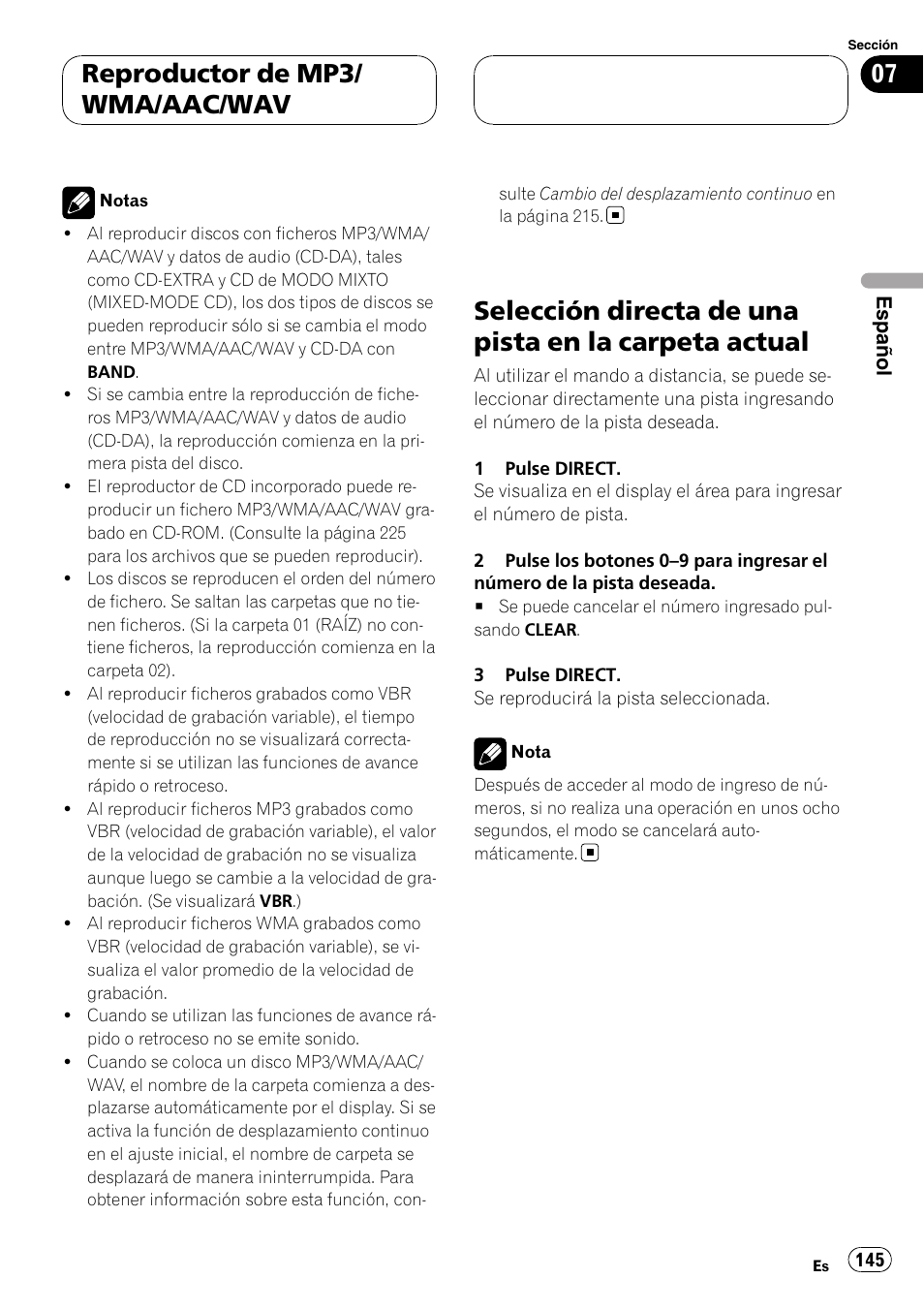 Selección directa de una pista en la carpeta, Actual, Reproductor de mp3/ wma/aac/wav | Pioneer DEH-P9800BT User Manual | Page 145 / 233