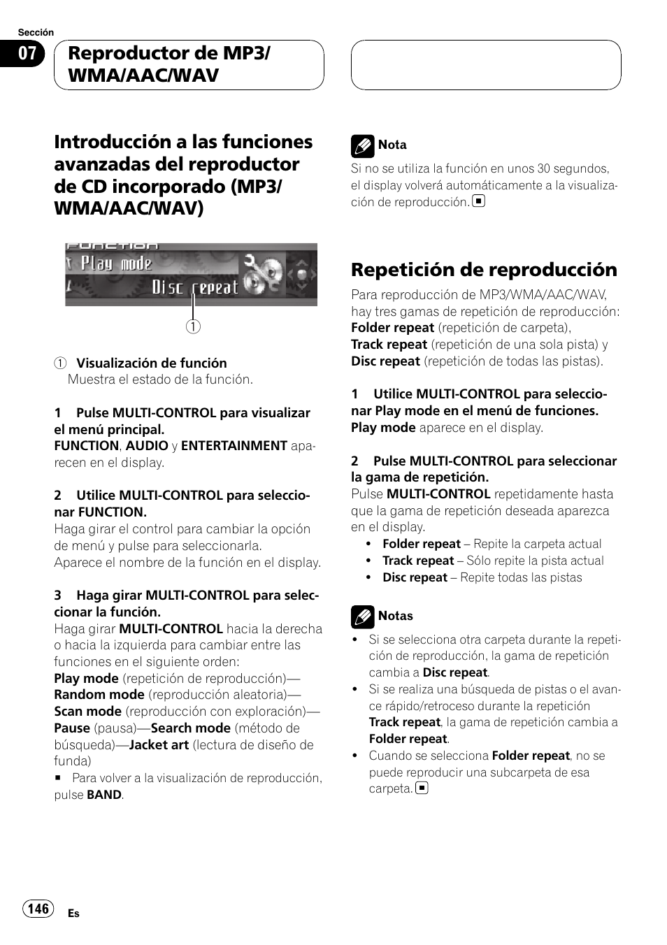 Introducción a las funciones avanzadas del, Reproductor de cd incorporado (mp3/ wma/aac/wav), Repetición de reproducción | Reproductor de mp3/ wma/aac/wav | Pioneer DEH-P9800BT User Manual | Page 146 / 233