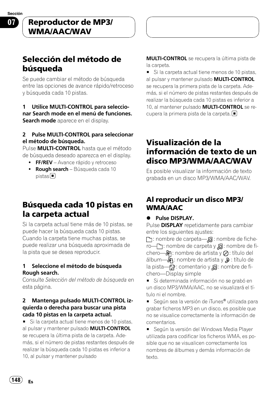Selección del método de búsqueda, Búsqueda cada 10 pistas en la carpeta, Actual | Visualización de la información de texto de, Un disco mp3/wma/aac/wav, Al reproducir un disco mp3/wma, Búsqueda cada 10 pistas en la carpeta actual, Reproductor de mp3/ wma/aac/wav, Al reproducir un disco mp3/ wma/aac | Pioneer DEH-P9800BT User Manual | Page 148 / 233