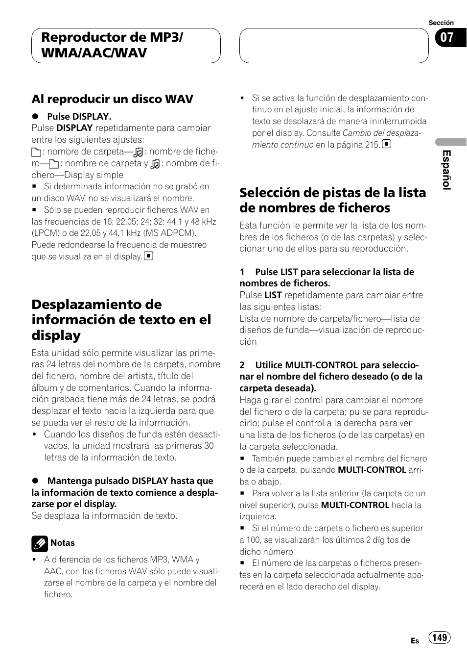 Al reproducir un disco wav 149, Desplazamiento de información de texto en, El display | Selección de pistas de la lista de nombres de, Ficheros, Reproductor de mp3/ wma/aac/wav, Al reproducir un disco wav | Pioneer DEH-P9800BT User Manual | Page 149 / 233