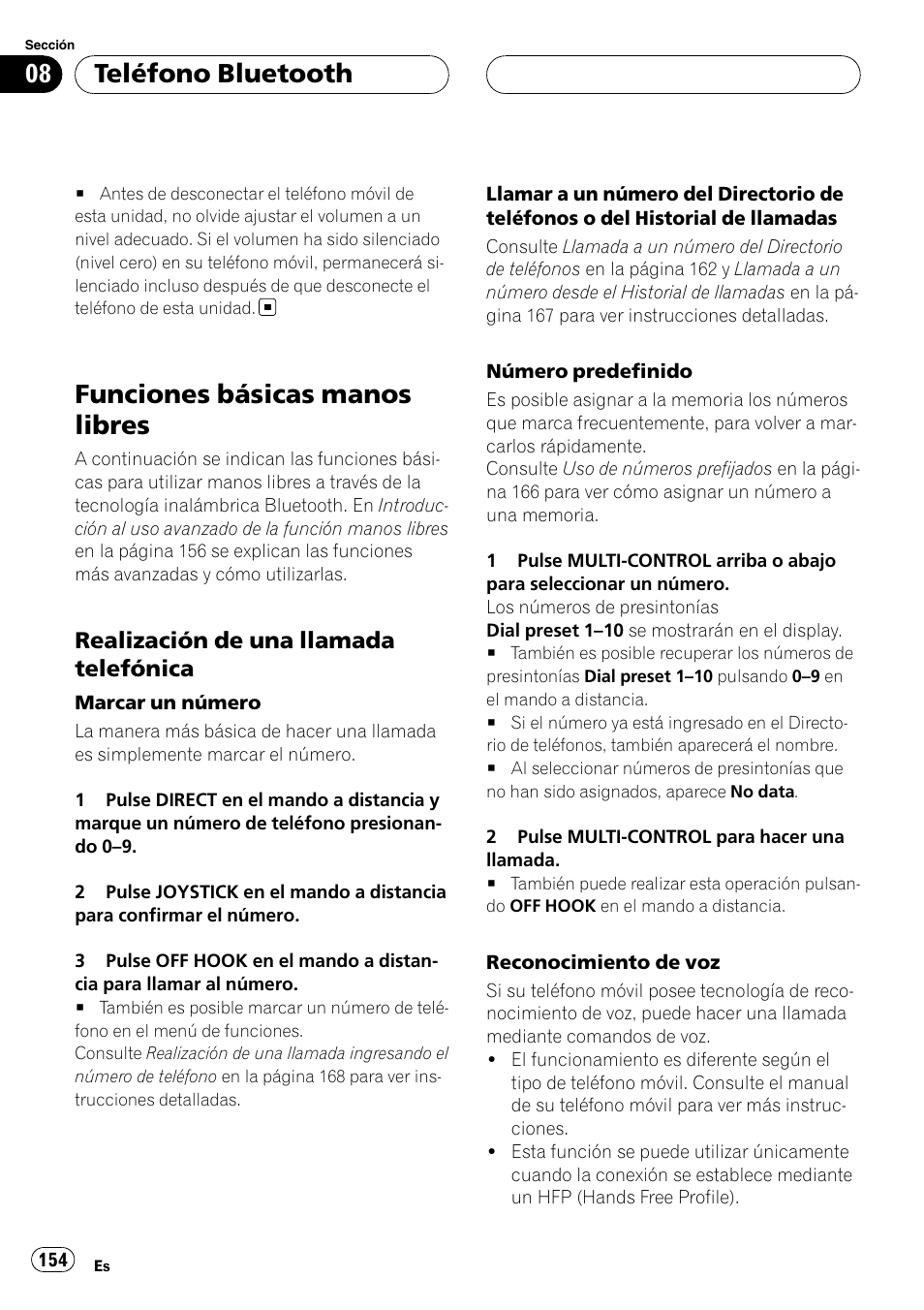 Funciones básicas manos libres, Realización de una llamada, Telefónica | Teléfono bluetooth, Realización de una llamada telefónica | Pioneer DEH-P9800BT User Manual | Page 154 / 233