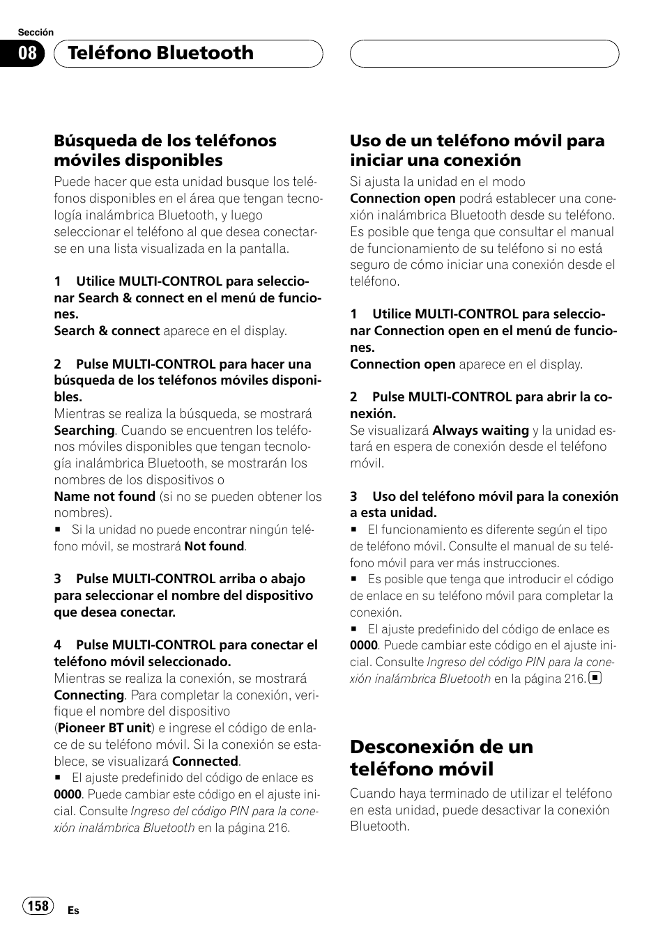 Búsqueda de los teléfonos móviles, Disponibles, Uso de un teléfono móvil para iniciar | Una conexión, Desconexión de un teléfono móvil, Teléfono bluetooth, Búsqueda de los teléfonos móviles disponibles, Uso de un teléfono móvil para iniciar una conexión | Pioneer DEH-P9800BT User Manual | Page 158 / 233