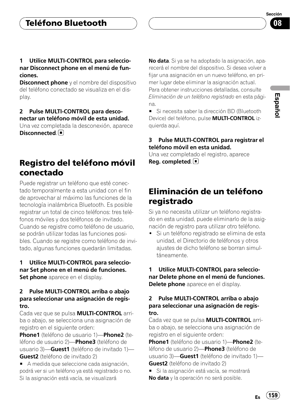 Registro del teléfono móvil conectado, Eliminación de un teléfono registrado, Teléfono bluetooth | Pioneer DEH-P9800BT User Manual | Page 159 / 233