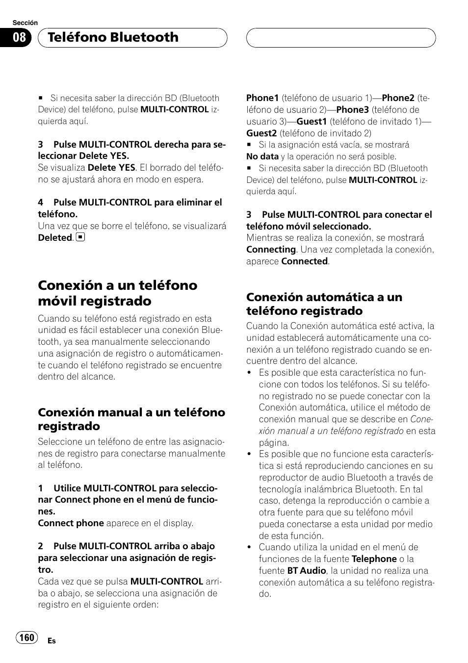 Conexión a un teléfono móvil, Registrado, Conexión manual a un teléfono | Conexión automática a un teléfono, Conexión a un teléfono móvil registrado, Teléfono bluetooth, Conexión manual a un teléfono registrado, Conexión automática a un teléfono registrado | Pioneer DEH-P9800BT User Manual | Page 160 / 233