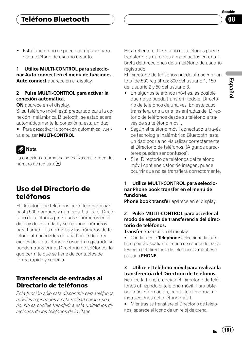 Uso del directorio de teléfonos, Transferencia de entradas al directorio, De teléfonos | Teléfono bluetooth | Pioneer DEH-P9800BT User Manual | Page 161 / 233