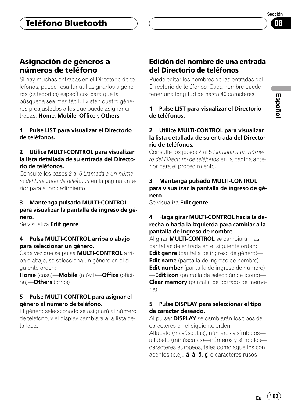 Asignación de géneros a números de, Teléfono, Edición del nombre de una entrada del | Directorio de teléfonos, Teléfono bluetooth, Asignación de géneros a números de teléfono | Pioneer DEH-P9800BT User Manual | Page 163 / 233