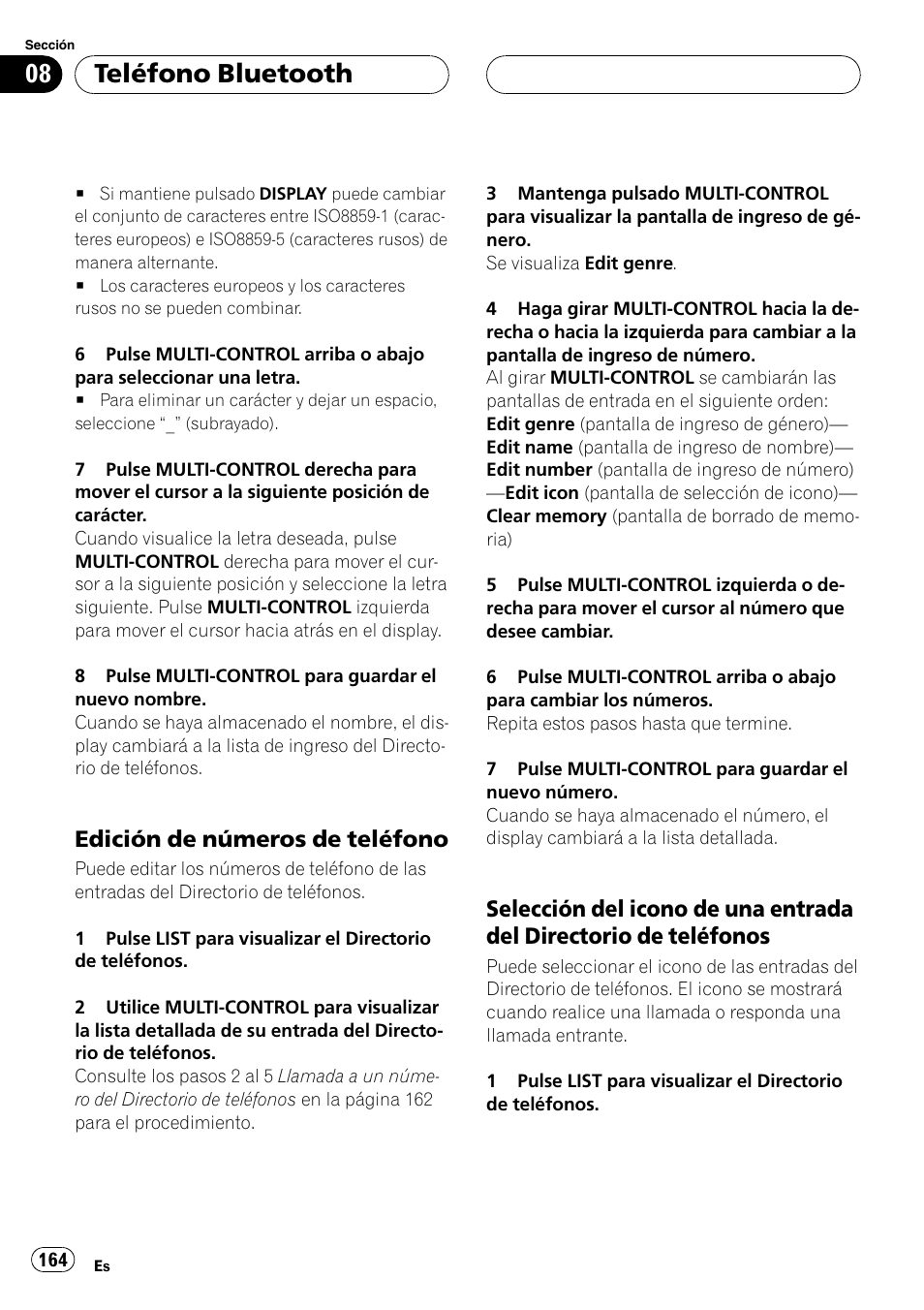 Edición de números de teléfono 164, Selección del icono de una entrada del, Directorio de teléfonos | Teléfono bluetooth, Edición de números de teléfono | Pioneer DEH-P9800BT User Manual | Page 164 / 233
