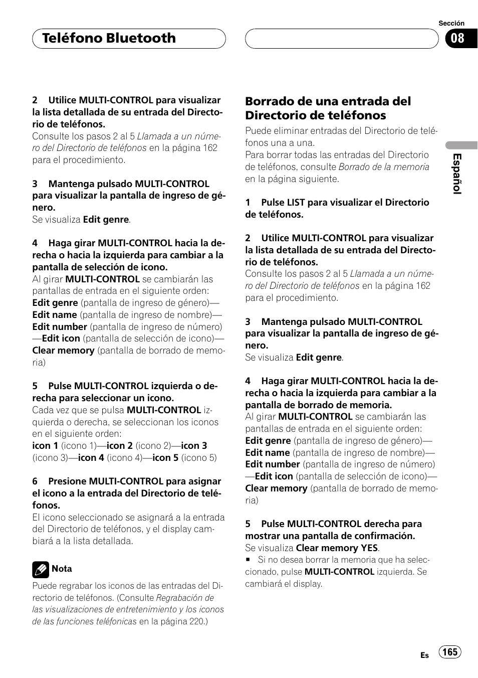 Borrado de una entrada del directorio, De teléfonos, Teléfono bluetooth | Borrado de una entrada del directorio de teléfonos | Pioneer DEH-P9800BT User Manual | Page 165 / 233