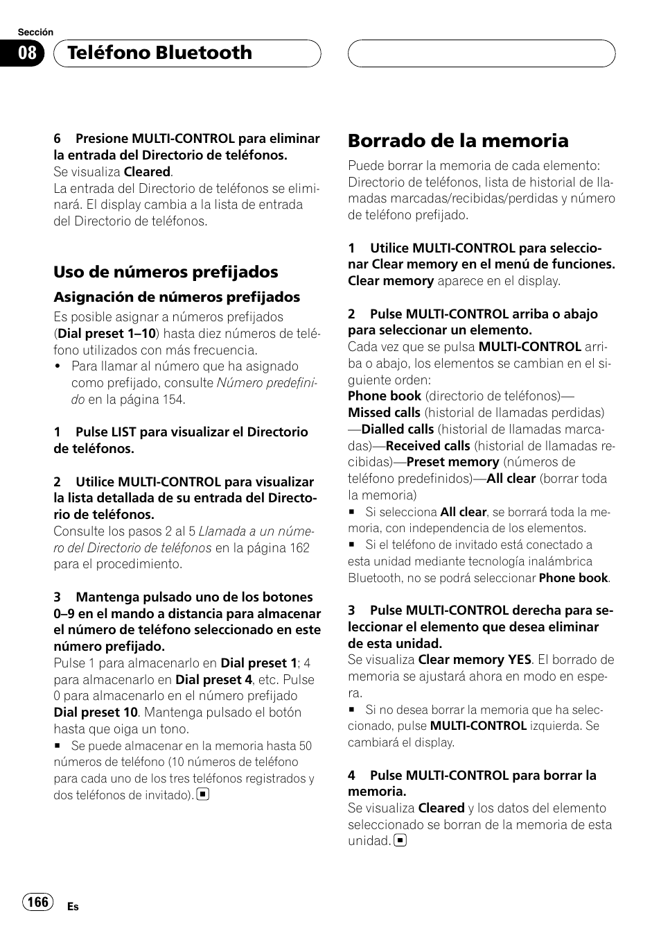 Uso de números prefijados 166, Borrado de la memoria, Uso de números prefijados en la pági- na 166 | Teléfono bluetooth, Uso de números prefijados | Pioneer DEH-P9800BT User Manual | Page 166 / 233