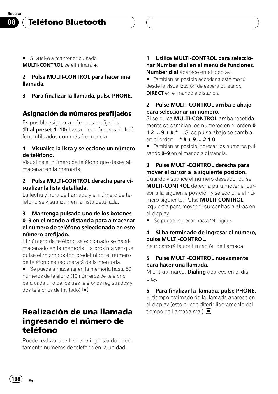 Asignación de números, Prefijados, Realización de una llamada ingresando el | Número de teléfono, Teléfono bluetooth, Asignación de números prefijados | Pioneer DEH-P9800BT User Manual | Page 168 / 233