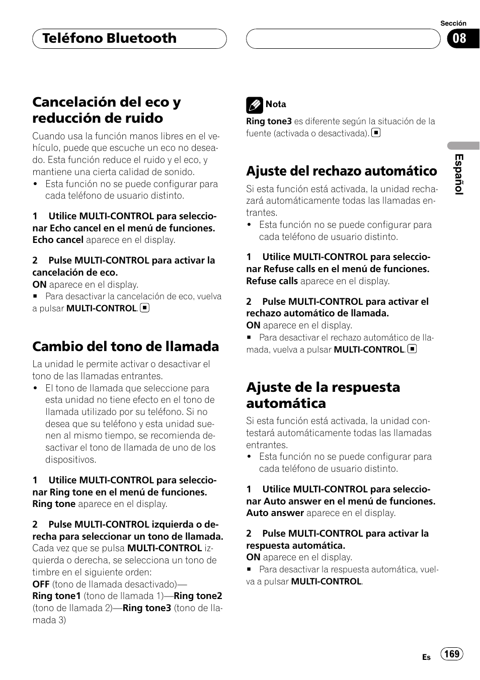 Cancelación del eco y reducción de, Ruido, Cambio del tono de llamada | Ajuste del rechazo automático, Ajuste de la respuesta automática, Cancelación del eco y reducción de ruido, Teléfono bluetooth | Pioneer DEH-P9800BT User Manual | Page 169 / 233