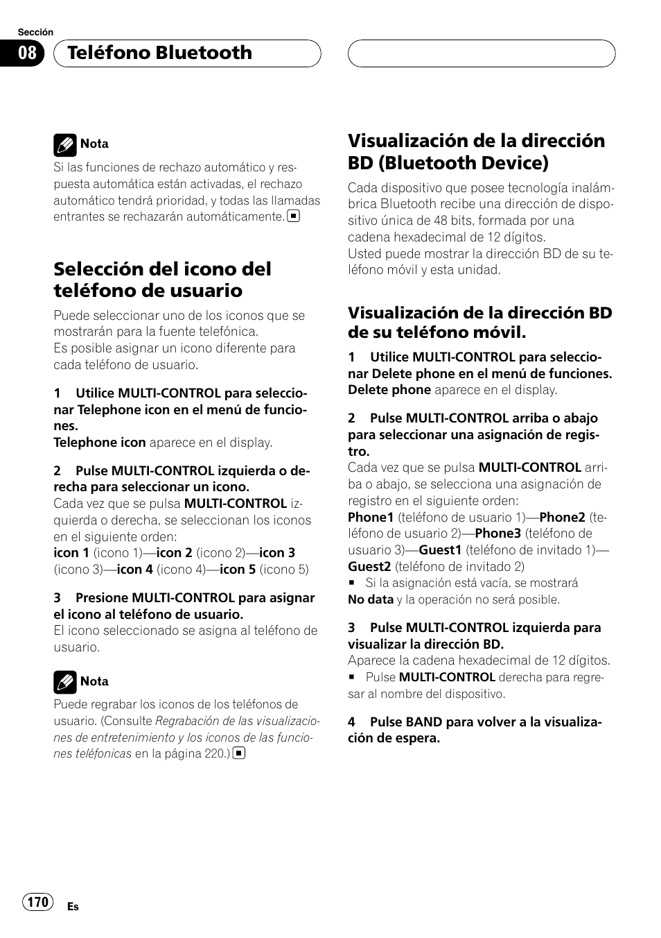Selección del icono del teléfono de, Usuario, Visualización de la dirección bd (bluetooth | Device), Visualización de la dirección bd de su, Teléfono móvil, Selección del icono del teléfono de usuario, Teléfono bluetooth | Pioneer DEH-P9800BT User Manual | Page 170 / 233
