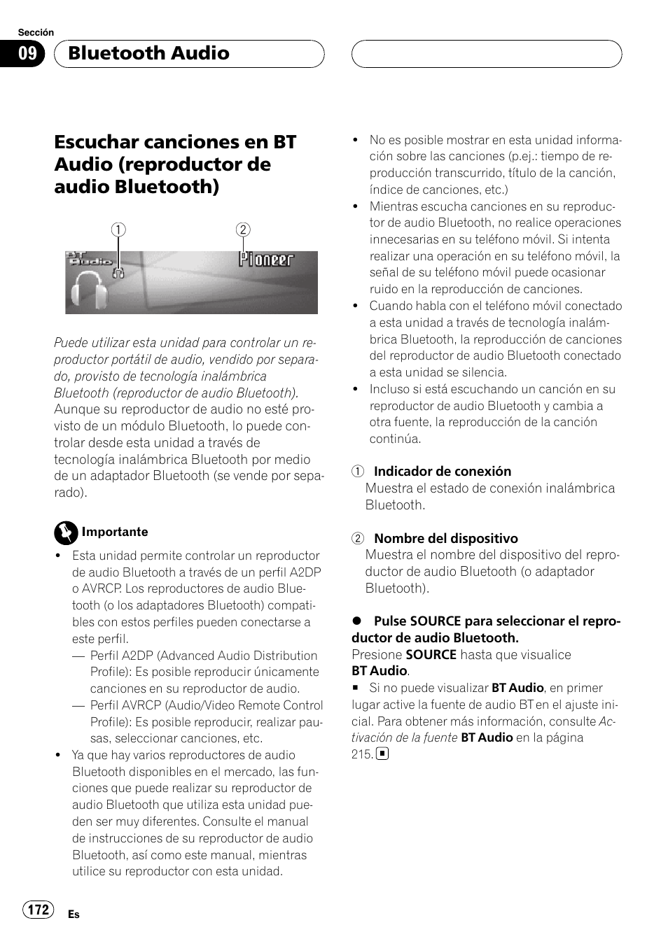 Bluetooth audio escuchar canciones en bt audio, Reproductor de audio bluetooth), Bluetooth audio | Pioneer DEH-P9800BT User Manual | Page 172 / 233