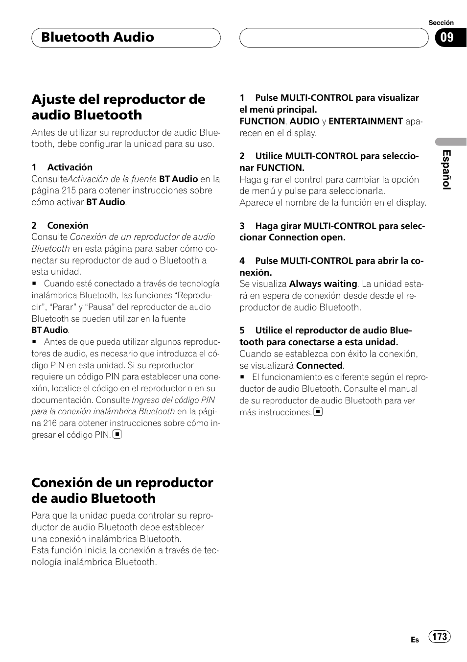 Ajuste del reproductor de audio, Bluetooth, Conexión de un reproductor de audio | Ajuste del reproductor de audio bluetooth, Conexión de un reproductor de audio bluetooth, Bluetooth audio | Pioneer DEH-P9800BT User Manual | Page 173 / 233