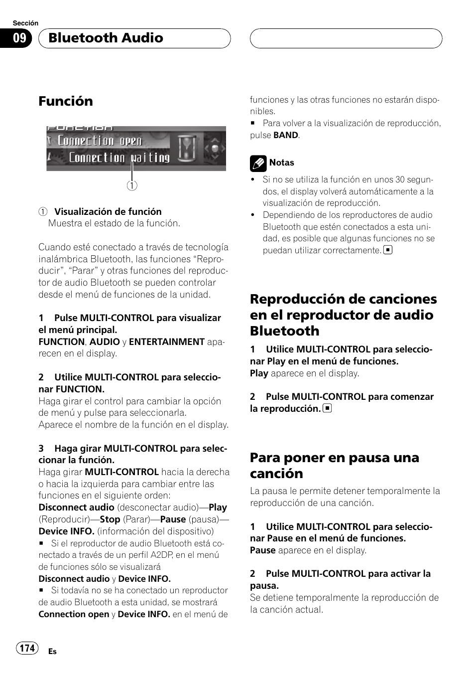 Función, Reproducción de canciones en el, Reproductor de audio bluetooth | Para poner en pausa una canción, Bluetooth audio | Pioneer DEH-P9800BT User Manual | Page 174 / 233