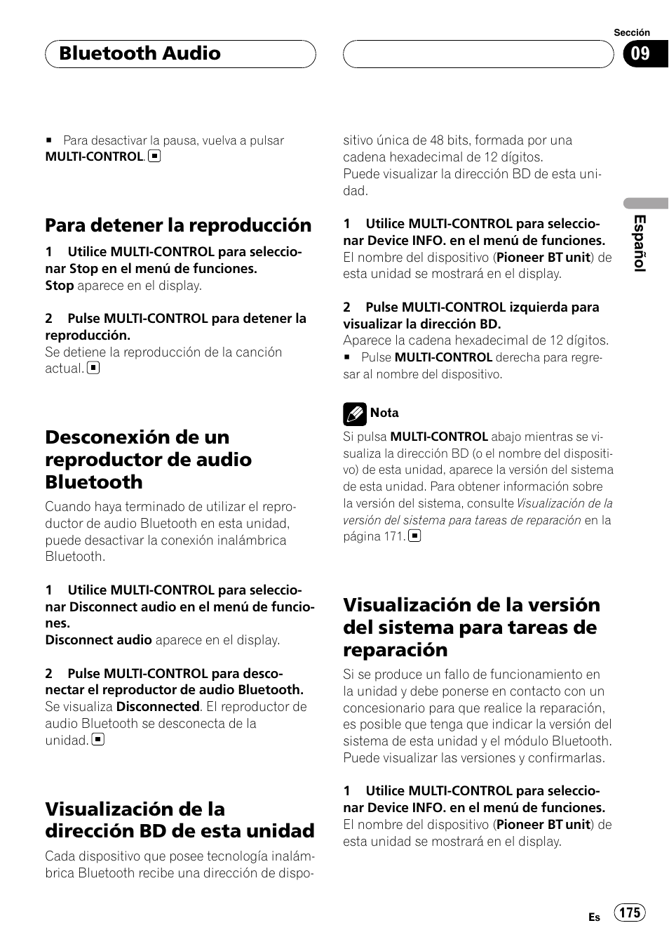 Para detener la reproducción, Desconexión de un reproductor de audio, Bluetooth | Visualización de la dirección bd de esta, Unidad, Visualización de la versión del sistema para, Tareas de reparación, Desconexión de un reproductor de audio bluetooth, Visualización de la dirección bd de esta unidad, Bluetooth audio | Pioneer DEH-P9800BT User Manual | Page 175 / 233