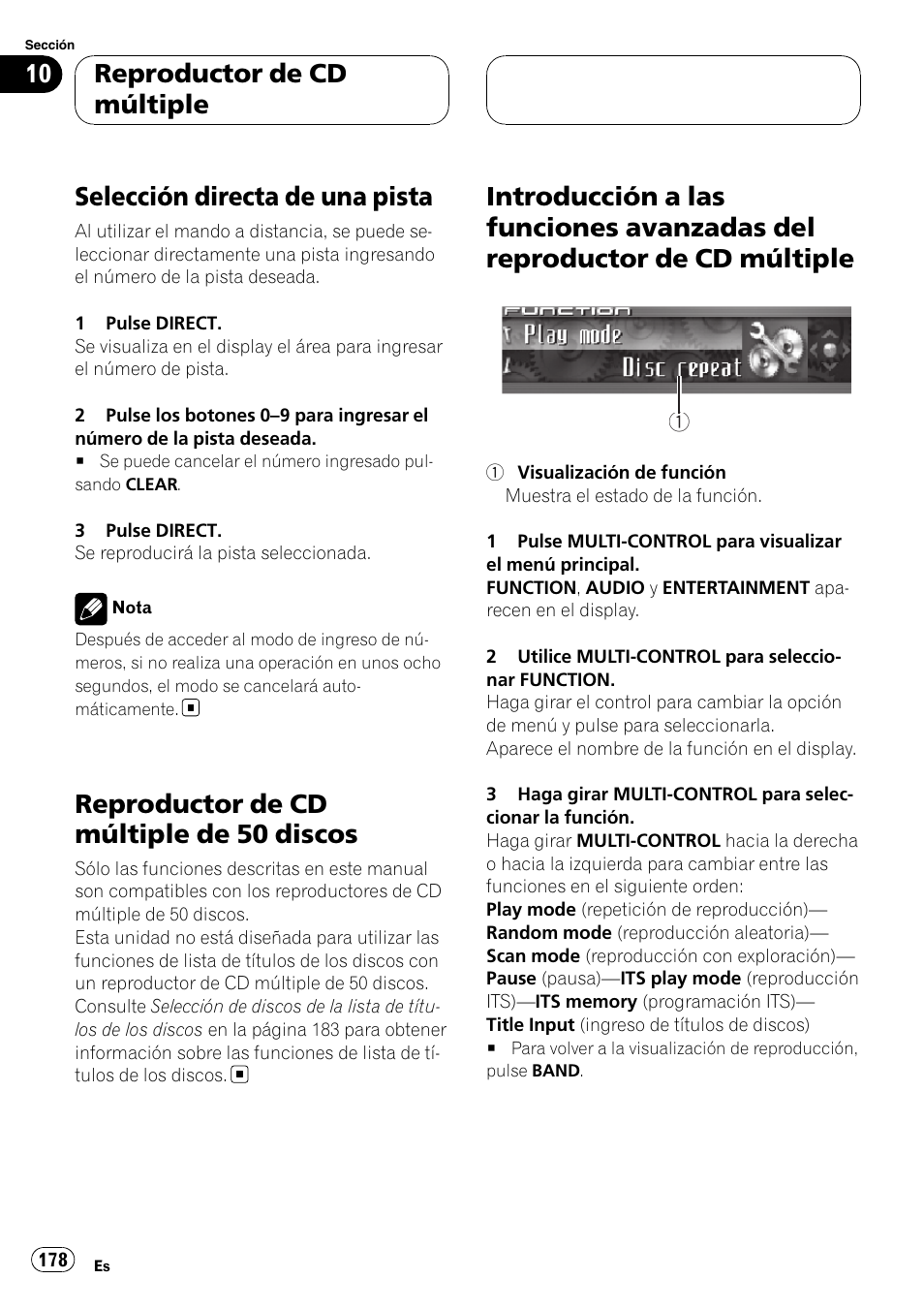 Selección directa de una pista, Reproductor de cd múltiple de 50, Discos | Introducción a las funciones avanzadas del, Reproductor de cd múltiple, Reproductor de cd múltiple de 50 discos | Pioneer DEH-P9800BT User Manual | Page 178 / 233
