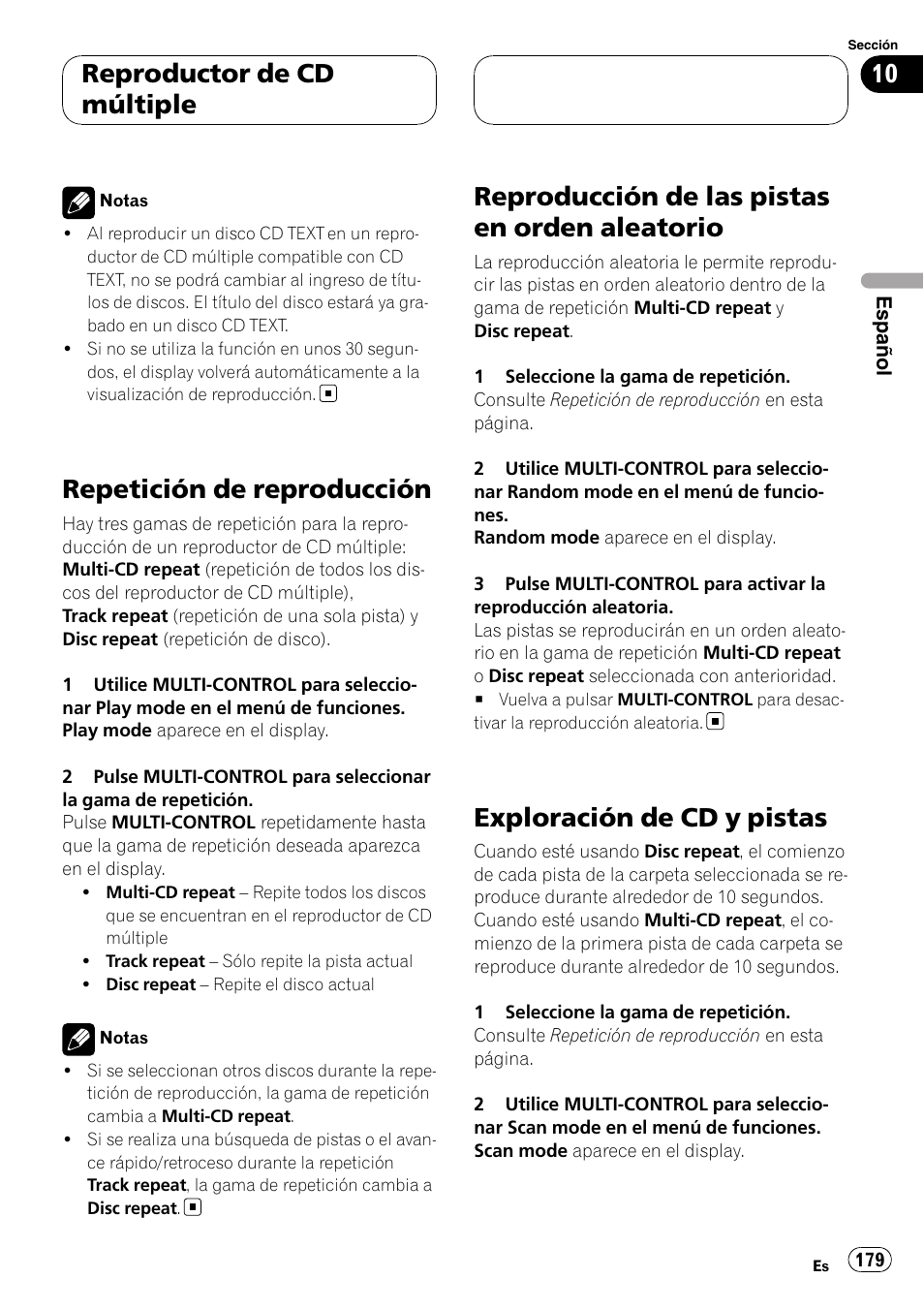 Repetición de reproducción, Reproducción de las pistas en orden, Aleatorio | Exploración de cd y pistas, Reproducción de las pistas en orden aleatorio, Reproductor de cd múltiple | Pioneer DEH-P9800BT User Manual | Page 179 / 233