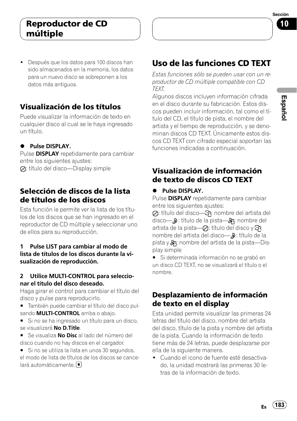 Visualización de los títulos 183, Selección de discos de la lista de, Títulos de los discos | Uso de las funciones cd text, Visualización de información de texto, De discos cd text, Desplazamiento de información de, Texto en el display, Reproductor de cd múltiple, Visualización de los títulos | Pioneer DEH-P9800BT User Manual | Page 183 / 233
