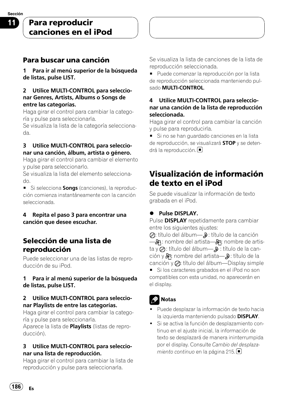 Para buscar una canción 186, Selección de una lista de, Reproducción | Visualización de información de texto en el, Ipod, Visualización de información de texto en el ipod, Para reproducir canciones en el ipod, Para buscar una canción, Selección de una lista de reproducción | Pioneer DEH-P9800BT User Manual | Page 186 / 233