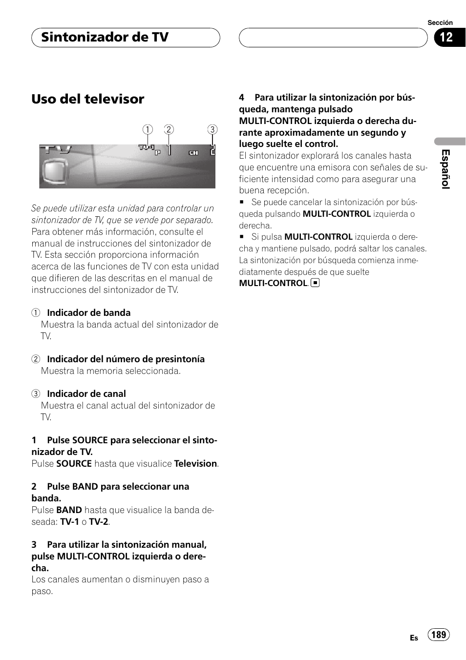 Sintonizador de tv uso del televisor, Uso del televisor, Sintonizador de tv | Pioneer DEH-P9800BT User Manual | Page 189 / 233