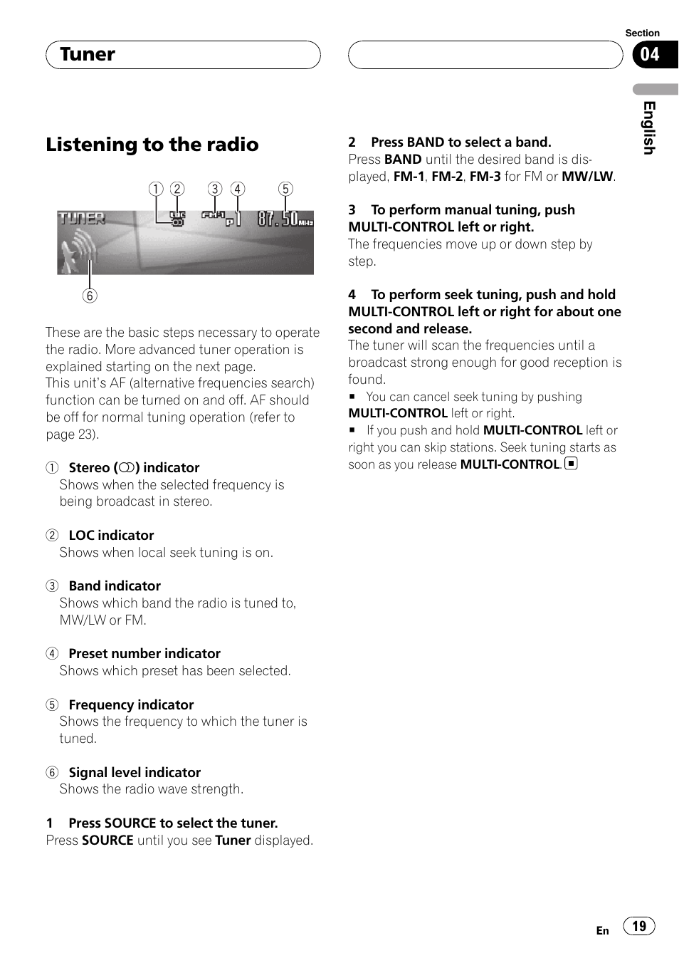 Tuner listening to the radio, Listening to the radio, Tuner | Pioneer DEH-P9800BT User Manual | Page 19 / 233