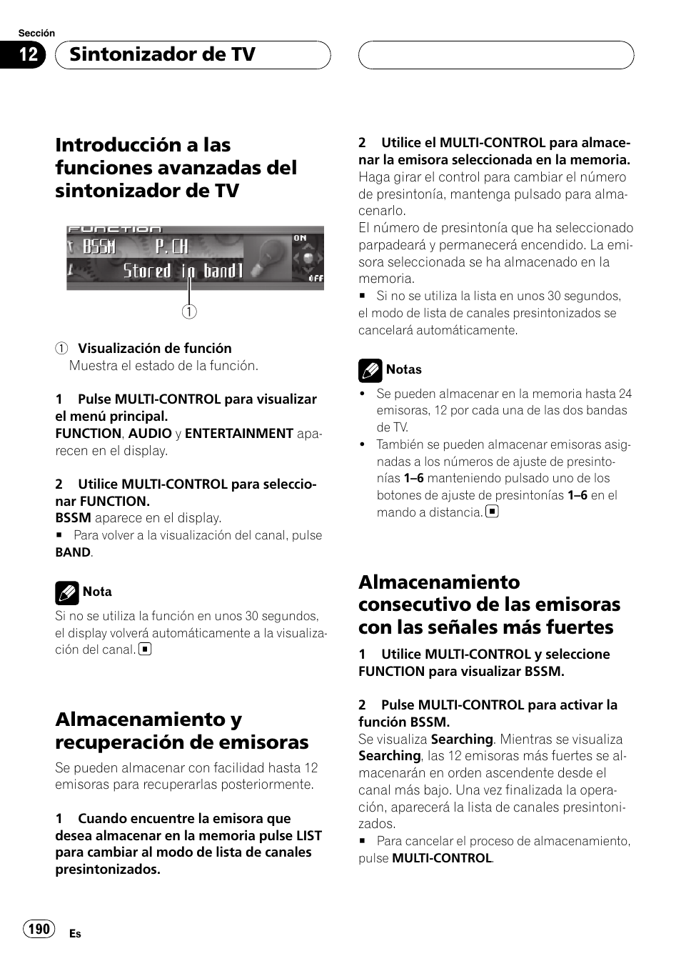 Introducción a las funciones avanzadas del, Sintonizador de tv, Almacenamiento y recuperación de | Emisoras, Almacenamiento consecutivo de las, Emisoras con las señales más fuertes, Almacenamiento y recuperación de emisoras | Pioneer DEH-P9800BT User Manual | Page 190 / 233