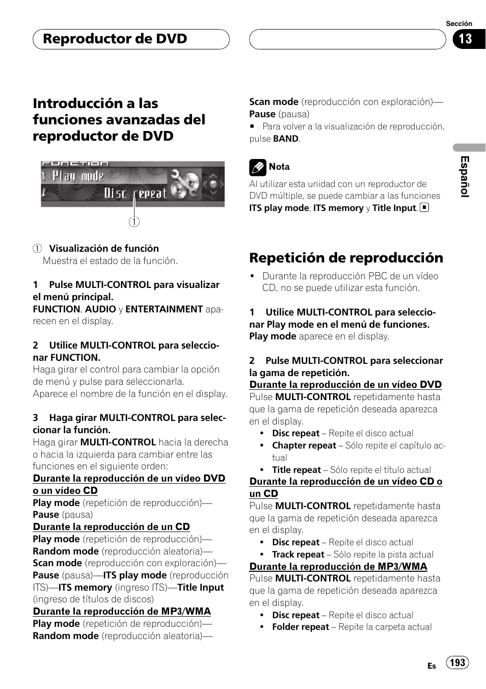 Introducción a las funciones avanzadas del, Reproductor de dvd, Repetición de reproducción | Pioneer DEH-P9800BT User Manual | Page 193 / 233