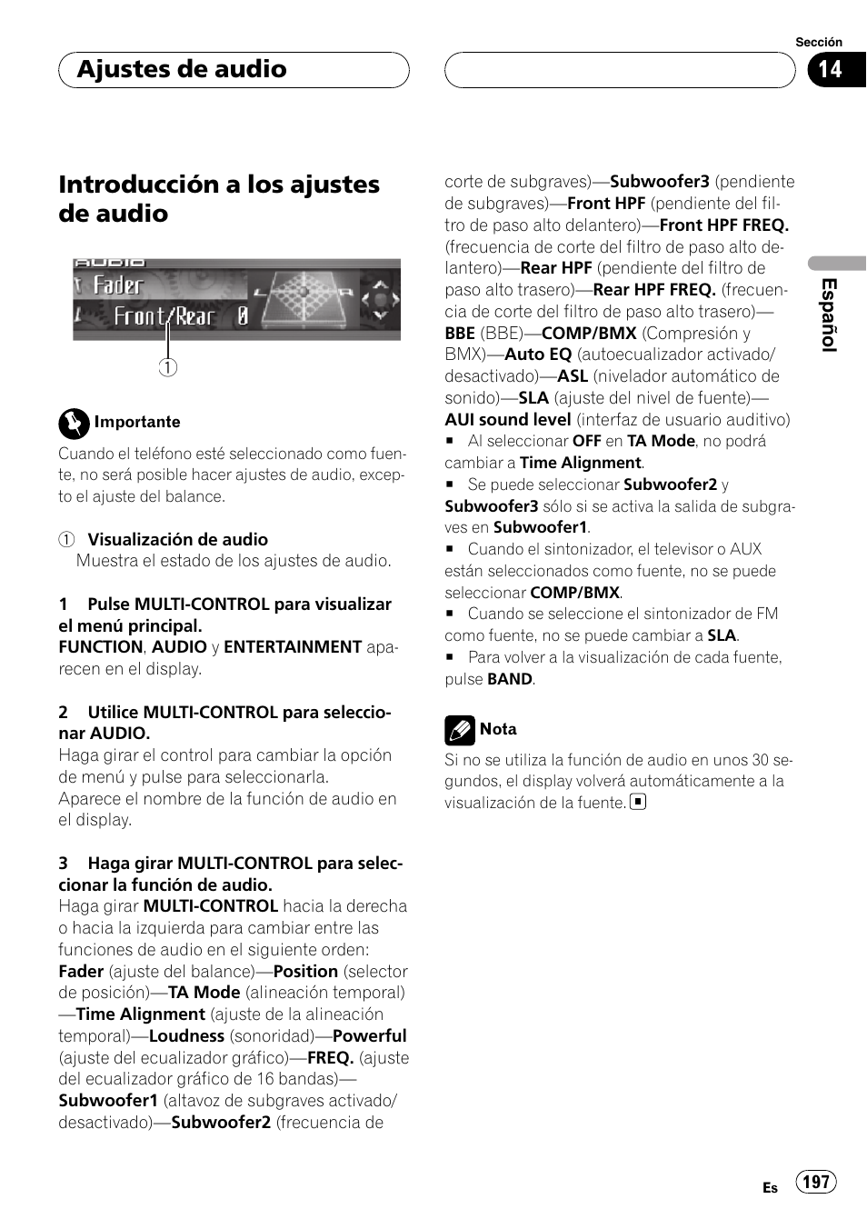 Introducción a los ajustes de audio, Ajustes de audio | Pioneer DEH-P9800BT User Manual | Page 197 / 233