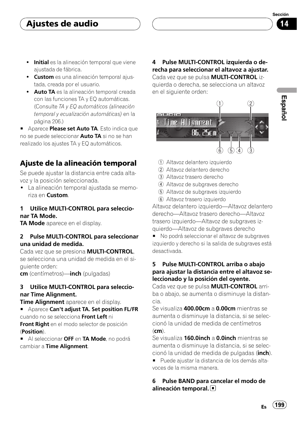 Ajuste de la alineación temporal 199, Ajustes de audio | Pioneer DEH-P9800BT User Manual | Page 199 / 233