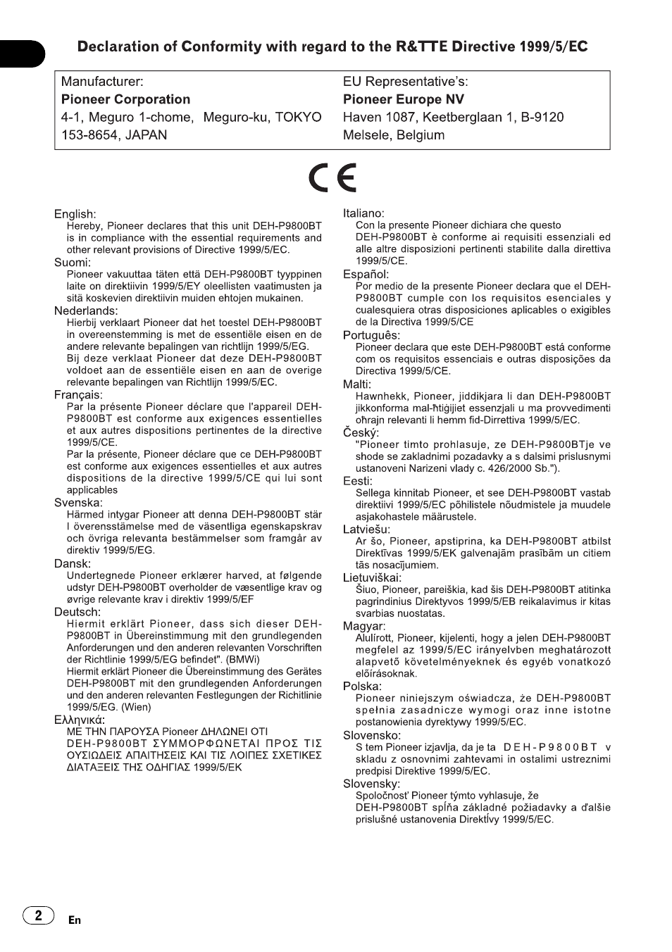 Pioneer DEH-P9800BT User Manual | Page 2 / 233