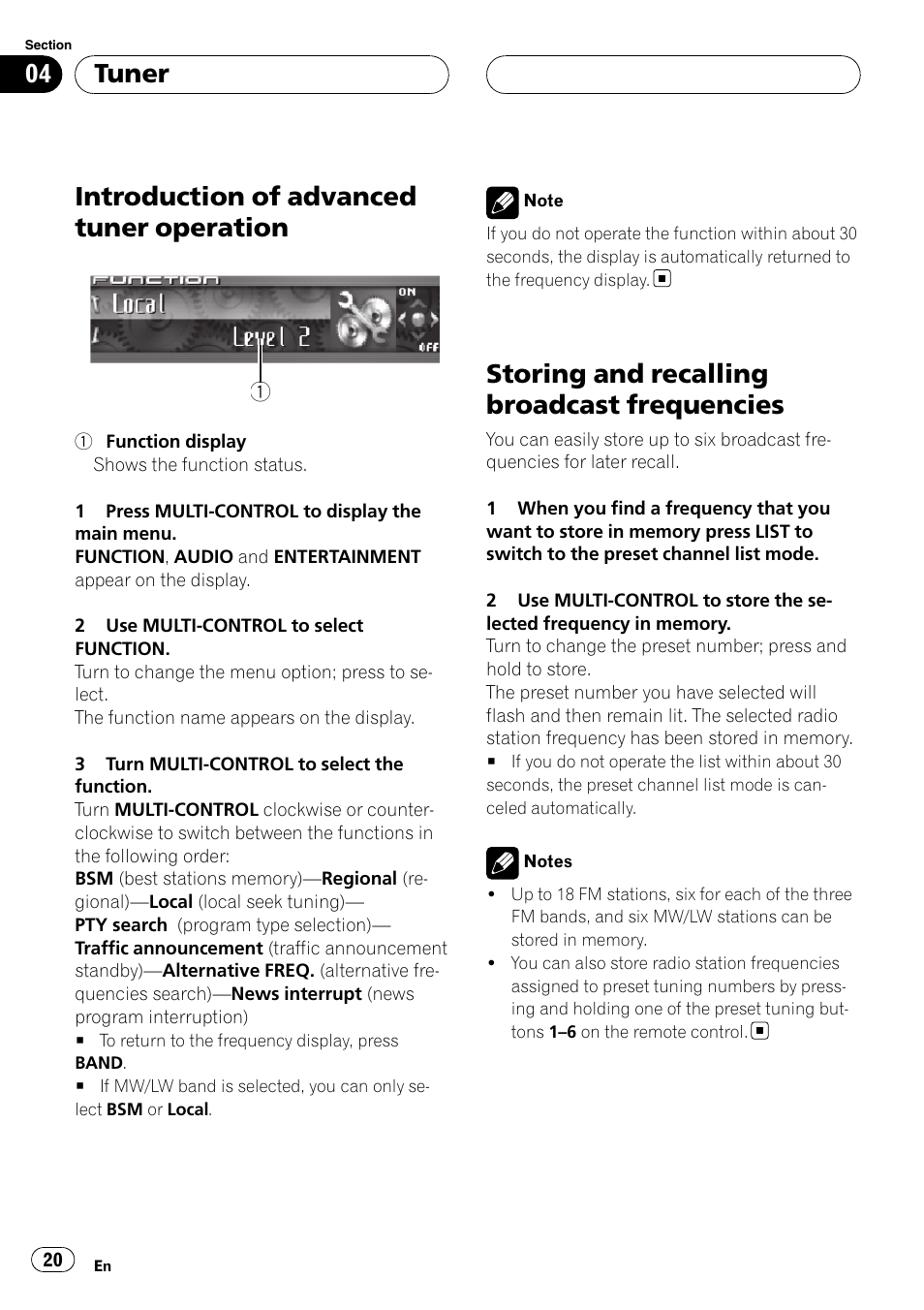 Introduction of advanced tuner, Operation, Storing and recalling broadcast | Frequencies, Introduction of advanced tuner operation, Storing and recalling broadcast frequencies, Tuner | Pioneer DEH-P9800BT User Manual | Page 20 / 233