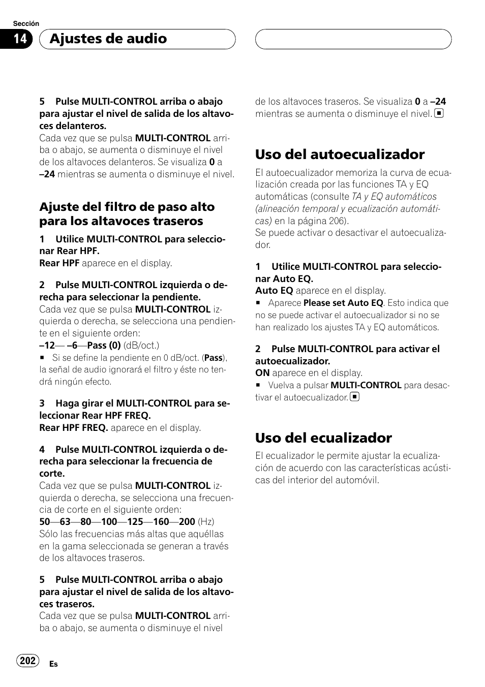 Ajuste del filtro de paso alto para los, Altavoces traseros, Uso del autoecualizador | Uso del ecualizador, Ajuste del filtro de paso alto para los altavo, Ces traseros, Ajustes de audio | Pioneer DEH-P9800BT User Manual | Page 202 / 233