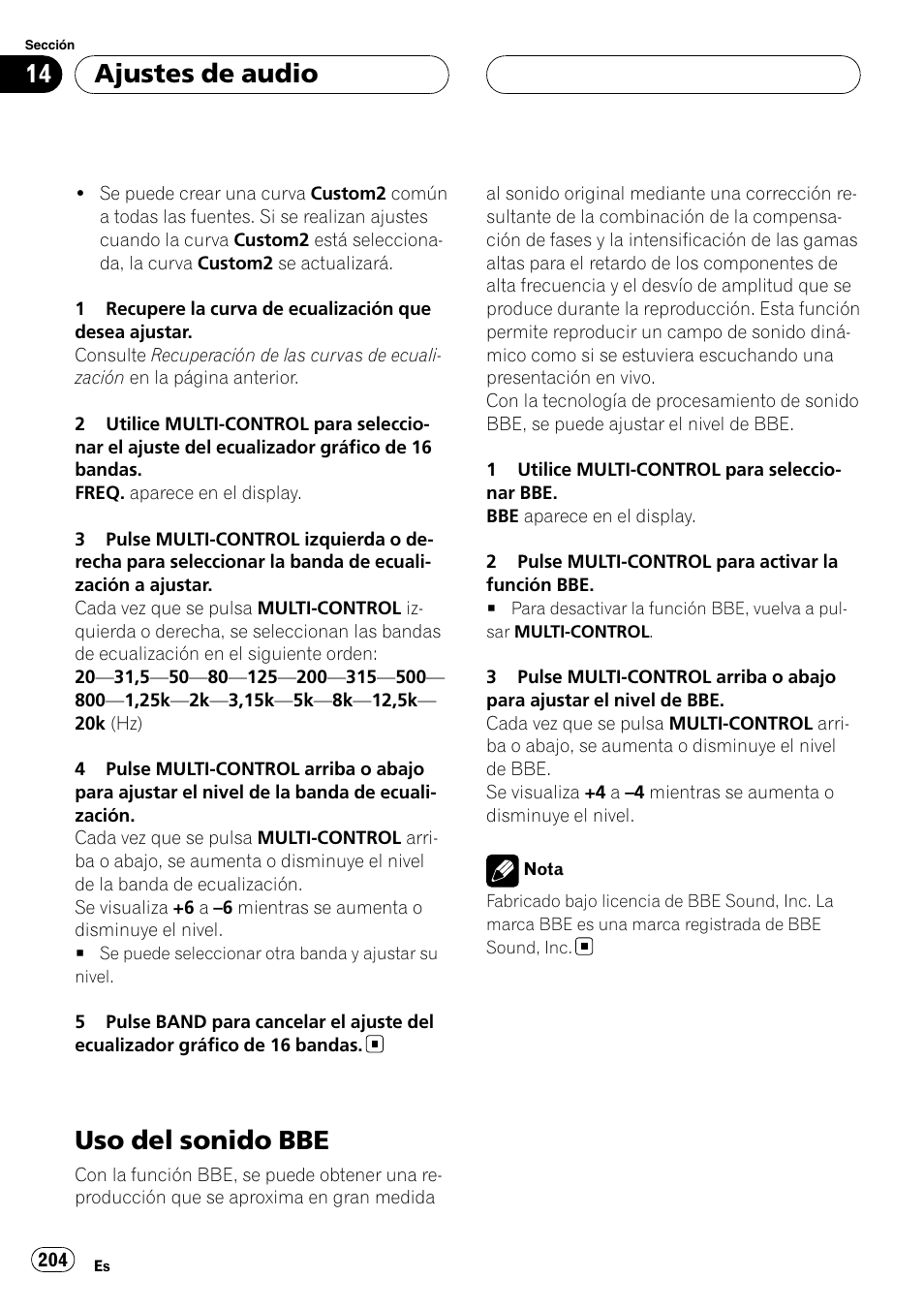 Uso del sonido bbe, Ajustes de audio | Pioneer DEH-P9800BT User Manual | Page 204 / 233