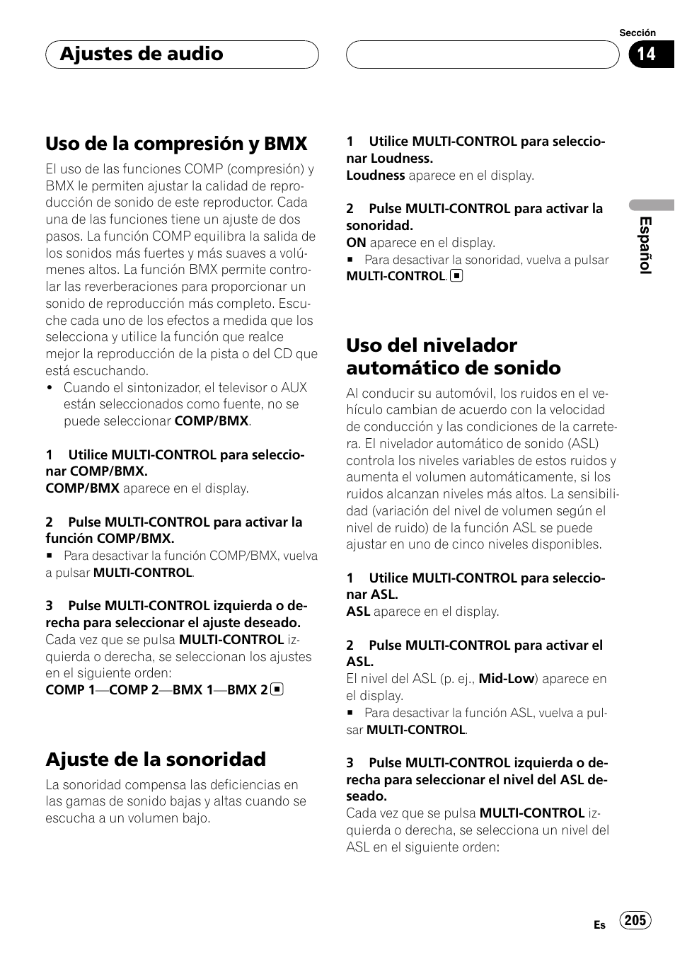 Uso de la compresión y bmx, Ajuste de la sonoridad, Uso del nivelador automático de sonido | Ajustes de audio | Pioneer DEH-P9800BT User Manual | Page 205 / 233