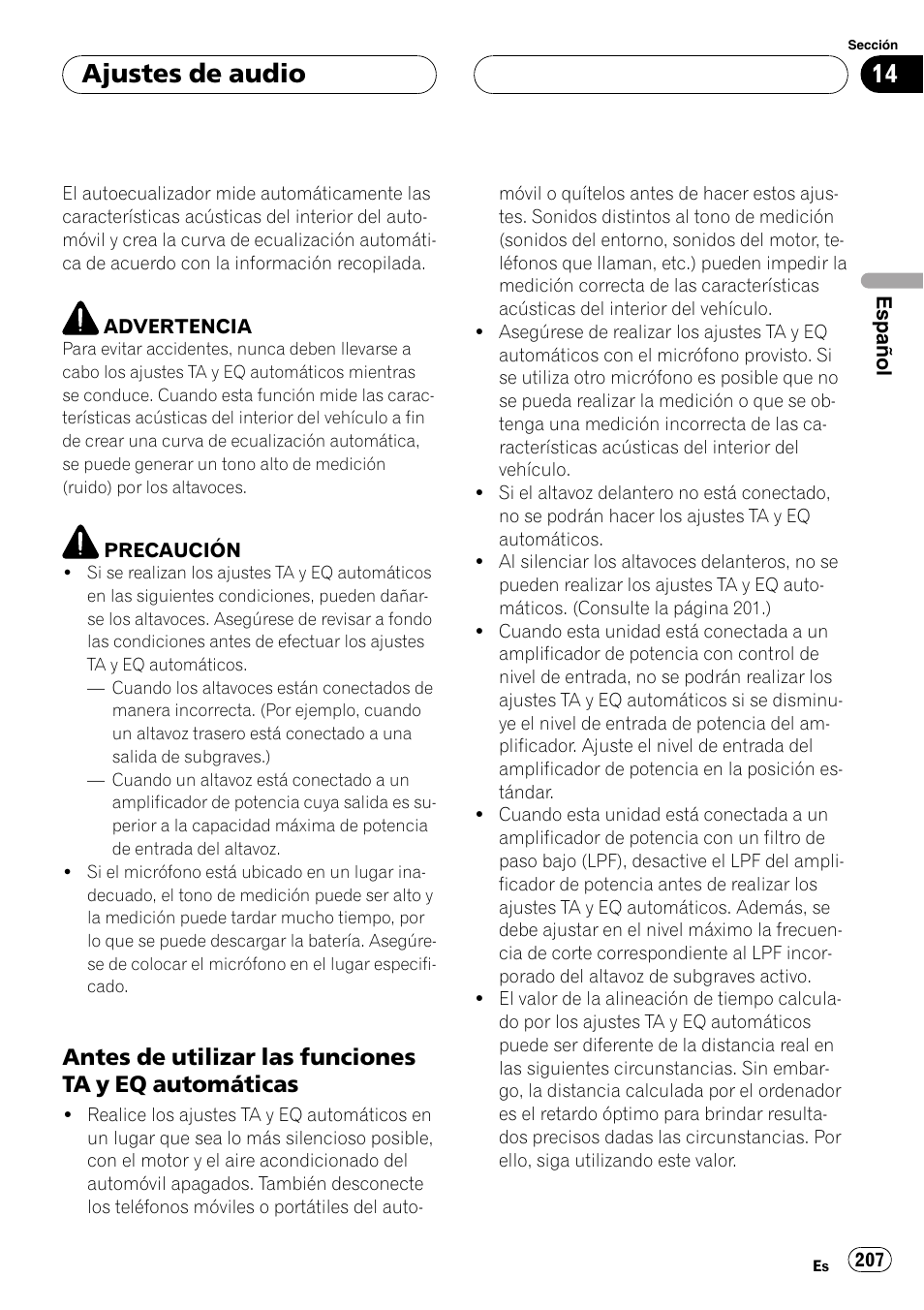 Antes de utilizar las funciones ta y eq, Automáticas, Ajustes de audio | Pioneer DEH-P9800BT User Manual | Page 207 / 233
