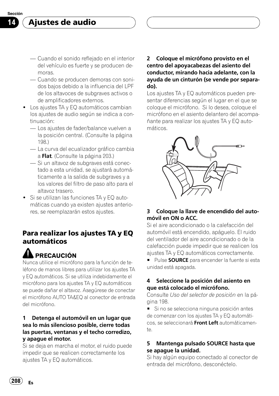 Para realizar los ajustes ta y eq, Automáticos, Ajustes de audio | Para realizar los ajustes ta y eq automáticos | Pioneer DEH-P9800BT User Manual | Page 208 / 233