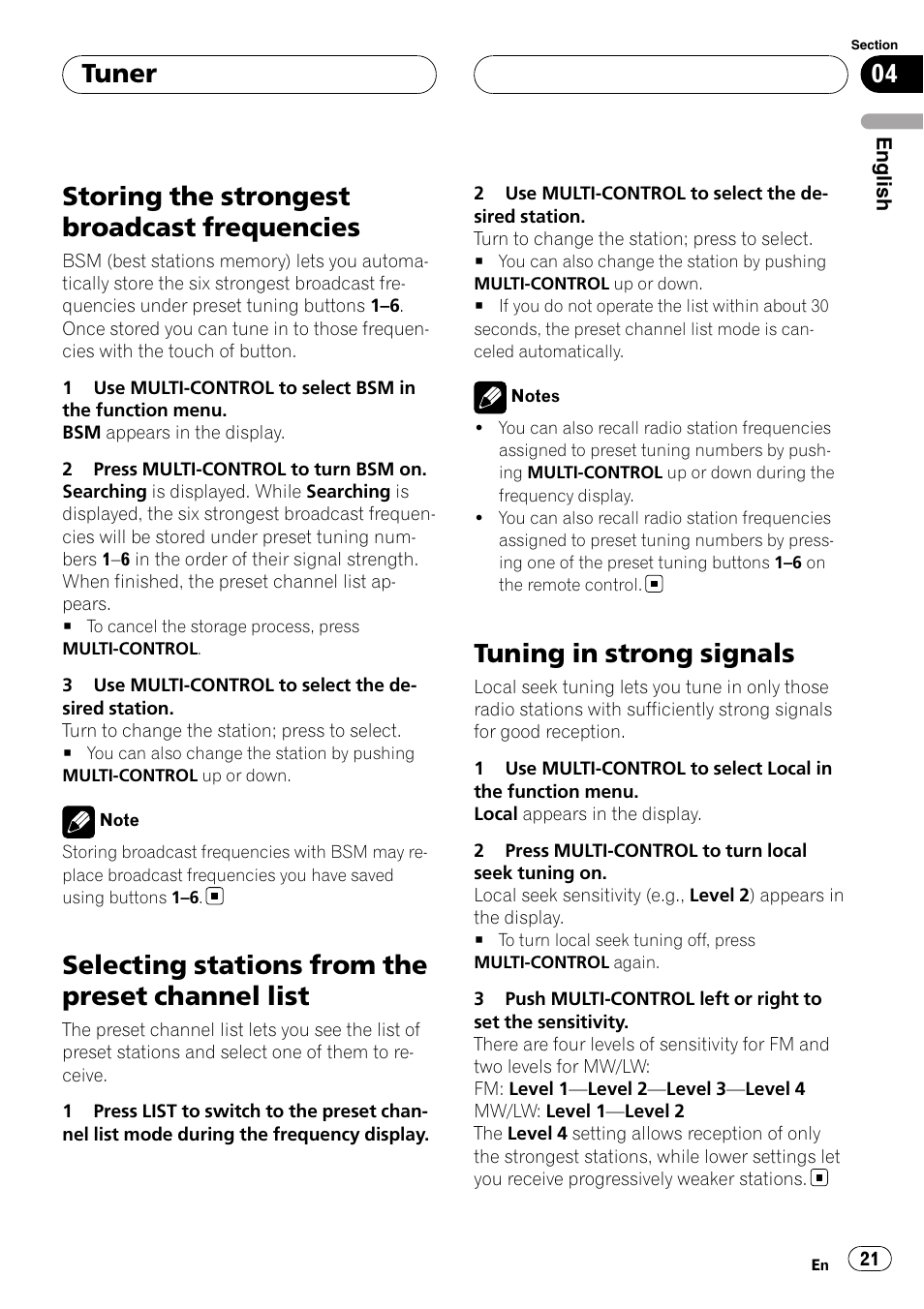 Storing the strongest broadcast, Frequencies, Selecting stations from the preset channel | List, Tuning in strong signals, Storing the strongest broadcast frequencies, Selecting stations from the preset channel list, Tuner | Pioneer DEH-P9800BT User Manual | Page 21 / 233