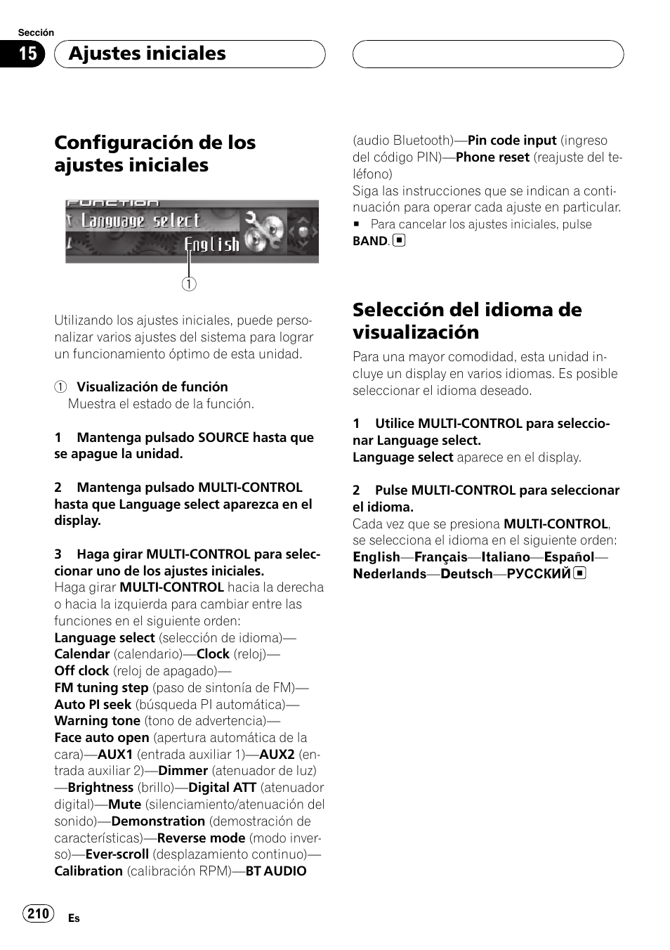 Selección del idioma de visualización, Configuración de los ajustes iniciales, Ajustes iniciales | Pioneer DEH-P9800BT User Manual | Page 210 / 233